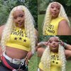 CURLCRAZY Blonde Long Curly Lace Front Wigs for Black Women HD Lace Wig Long Deep Wave Synthetic Lace Front Wig with Baby Hair Pre-plucked Hairline Hair Natural Looking Crimps Curls (26" Blonde)