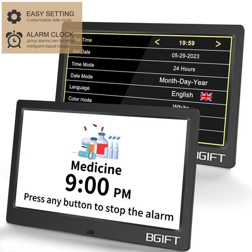 10.1" Digtal Clock with Day and Date for Seniors, Large LCD Display, Auto Dimmable, 12 Alarm Settings - Best Gift for Elderly