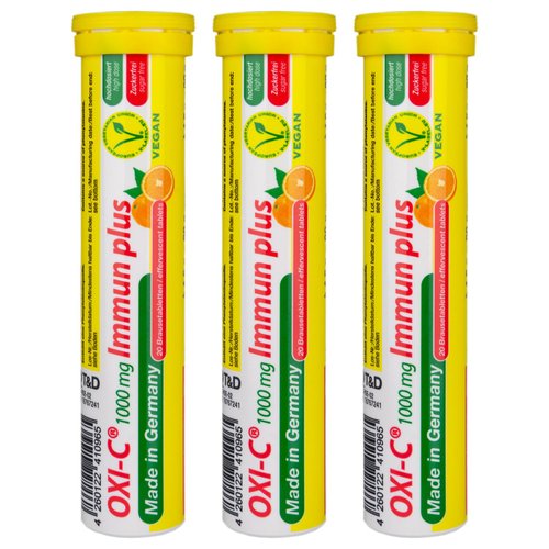 T&D Oxi C 1000 mg Vitamin C - 60 Vegan Drink Effervescent Tablets - Orange Flavor - Made in Germany