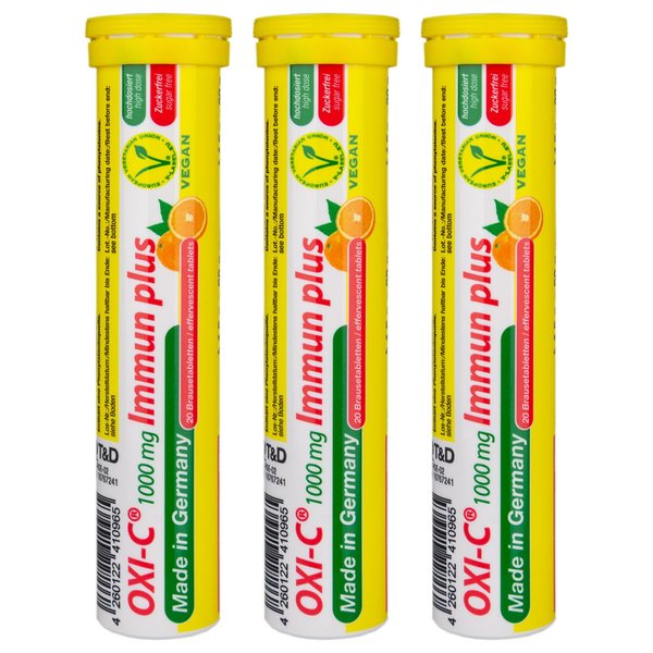 T&D Oxi C 1000 mg Vitamin C - 60 Vegan Drink Effervescent Tablets - Orange Flavor - Made in Germany