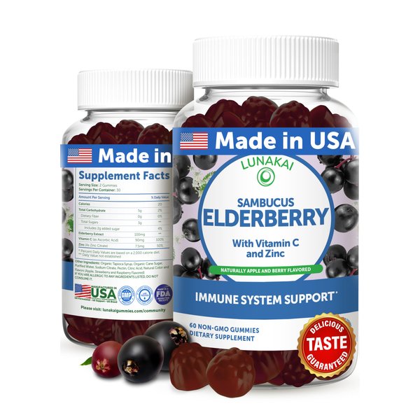 Lunakai USA Made Sambucus Elderberry Gummies - Delicious Immune Support with Vitamin C & Zinc - Non-GMO, Gluten-Free, 60ct for Kids & Adults