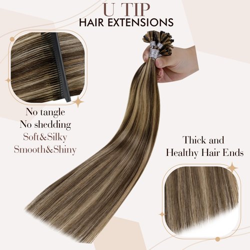 Hetto U Tip Hair Extensions Real Utips Dark Brown Highlight Caramel Blonde Pre Bonded Straight Hair Extensions Keratin U Tip 18 Inch 50g 50 Strands #4/27