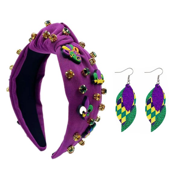 NIUEFH Mardi Gras Headband With Earring for Women, Rhinestone Knotted Mardi Gras Hairbands Wide Velvet Headpiece for Carnival Party Costume