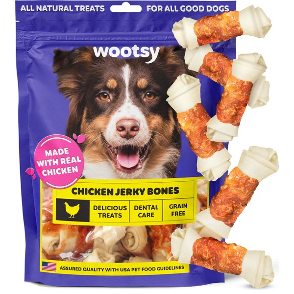 Wootsy Chicken Wrapped Knotted Rawhide Bones Dog Treats - Dog Dental Health Support, Long-Lasting, Grain Free Canine Treats - Low-Calorie & High-Protein Real Chicken Dog Chews, 25 Bones per Pack