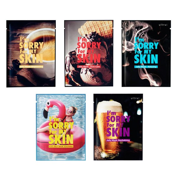I'M SORRY FOR MY SKIN Jelly Mask Full Set for Skin Stress Relief, Korean Skin Care Travel Essentials Kit, K-Beauty Glass Skin Hydrating Face Mask Sheets, Birthday Gifts for Women & Mothers, Pack of 5