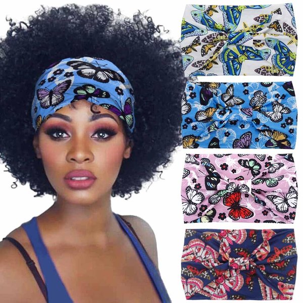 Aceorna Boho Butterfly Headbands Stretch Knotted Hairbands Floral Printed Hair Bands Elastic Turban Head Wraps Wide Head Bands for Women and Girls Pack of 4 (Butterfly C)