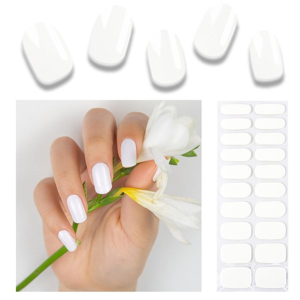 Wekcekcek 20pcs Semi Cured Gel Nail Strips, Real Nail Polish Art Stickers, Pure White Adhesive Full Wrap Gel Nail, Waterproof Gel Nail Wrap Stickers with Nail File and Stick（UV/LED Light Required）