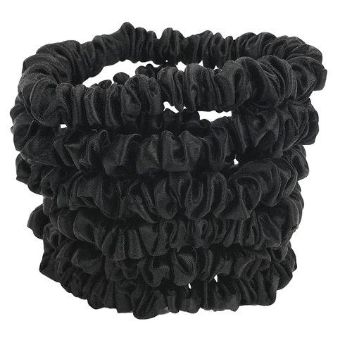 Celestial Silk Mini Scrunchies Small Mulberry Silk Scrunchy Hair Ties 22 Momme Skinny Silk Ponytail Holder, Gentle on Hair, Less Pulling, Breakage - 6 Pack (Black)