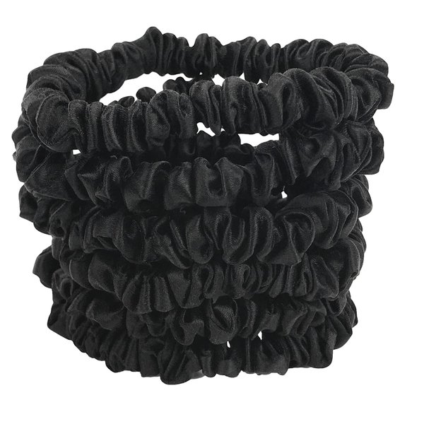 Celestial Silk Mini Scrunchies Small Mulberry Silk Scrunchy Hair Ties 22 Momme Skinny Silk Ponytail Holder, Gentle on Hair, Less Pulling, Breakage - 6 Pack (Black)