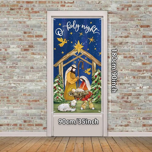 Christmas Door Cover Decorations,Jesus Nativity Scene Christmas Fabric Door Decoration Porch Sign Holy Night Outdoor Religious Front Door Banner Winter Holiday New Year Xmas Office Home Party Supplies