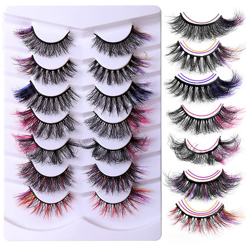 BCFHYK Upgraded 7 Pairs Colored Lashes Russian Strip Lashes with Color 7 Colors 7 Styles Eyelashes Mix Wispy Faux Mink Lashes Fluffy Long False Eyelashes Reusable D Curl Lash-712