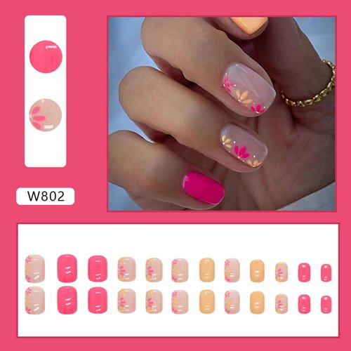 Square Press on Nails Short Flower Fake Nails Full Cover Colorful Acrylic Nails with Red Yellow Flower Designs Stick on Nails Glossy Artificial Nails Acrylic Nails for Women Girls 24pcs