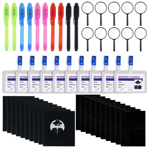 BTFO 50pcs Detective Party Favors, Invisible Ink Light Pens Notebooks Magnifiers Kid Detective Game Kit Spy Toys Escape Room Gear Party Favors Detective Themed Party Decorations Birthday Gift
