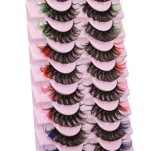 wiwoseo False Eyelashes Colorful Russian Strip Lashes Colored Faux Mink Lashes Natural Wispy Fluffy 18MM 3D Effect Color Fake Eyelashes for Festival 10 Pairs Pack