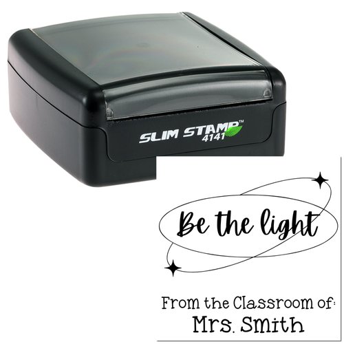 Custom Name Stamp Slim Pre-Inked Personalized Stamp with Be The Light Design, Custom-Made 1-5/8" Square Teacher Stamp for Classroom Materials, Durable and Easy to Use