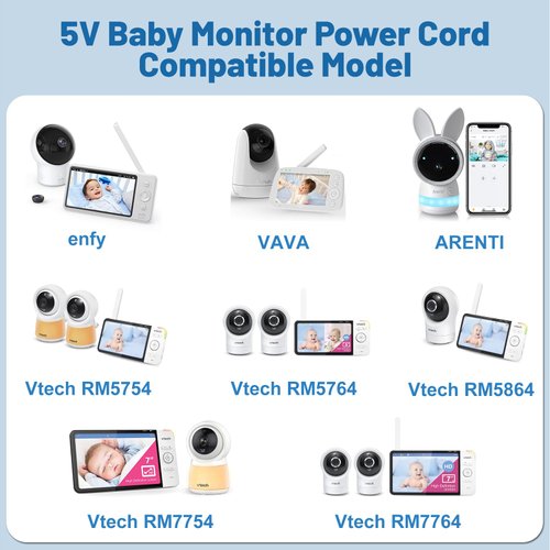 5V Baby Monitor Power Cord for enfy,VAVA,ARENTI,VTech RM5754/HD/2HD RM5764/HD/2HD RM5864/HD/2HD RM7754/HD/2HD RM7764/HD/2HD Baby Monitor Charger Replacement(for Micro USB or USB C)