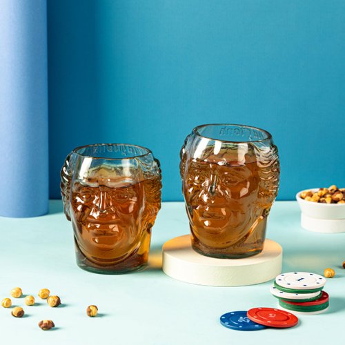 Habitage Upcycled Old Monk Face Glasses Set of 2 | Eco-friendly Glassware handcrafted from Rum bottles | Ideal for Rum, Whiskey, Gin, Juices, Smoothies, Cocktails | Great for Gifting