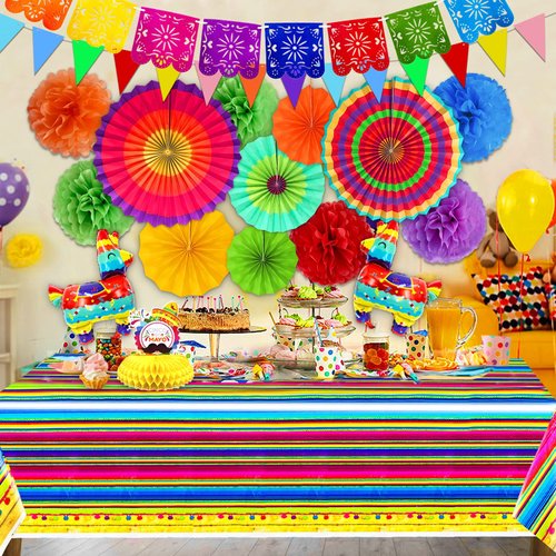 TURNMEON 40Pcs Fiesta Mexican Party Decorations Supplies, Cinco De Mayo Llama Balloons Paper Fans Pom Poms Table Cover Pennant Papel Picado Banner Honeycomb Table Decor Taco Tuesday Dia De Los Muertos