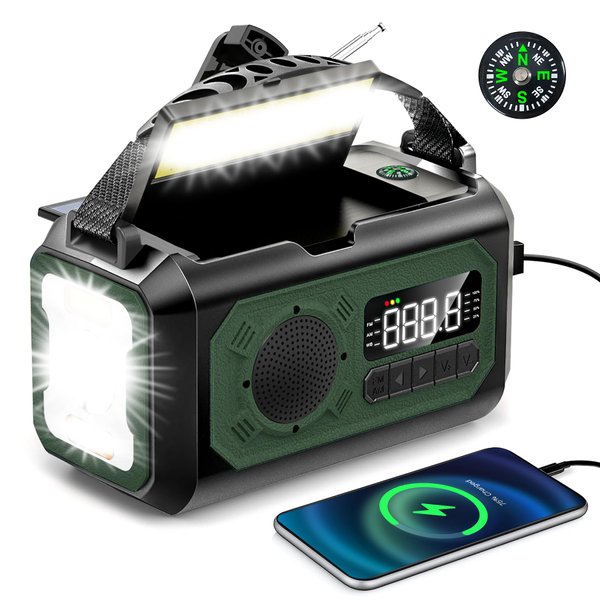 【2023 Newest】12000mAh Emergency Weather Radio, Hand Crank Radio, Portable AM/FM/NOAA Radio with 2 Solar Panels, Multi-Function Solar Radio with Flashlight Reading Lamp SOS, Compass, Power Bank(Green)