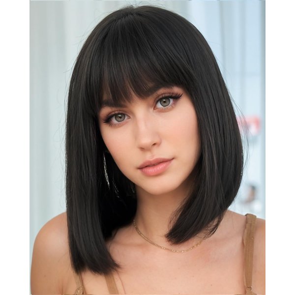 YYHR Short Bob Wig With Bangs 12" Light Yaki Straight Synthetic Hair Wigs Cut Short Black Bob Wigs With Bangs Daily Costume Wig (12 Inch,1B)