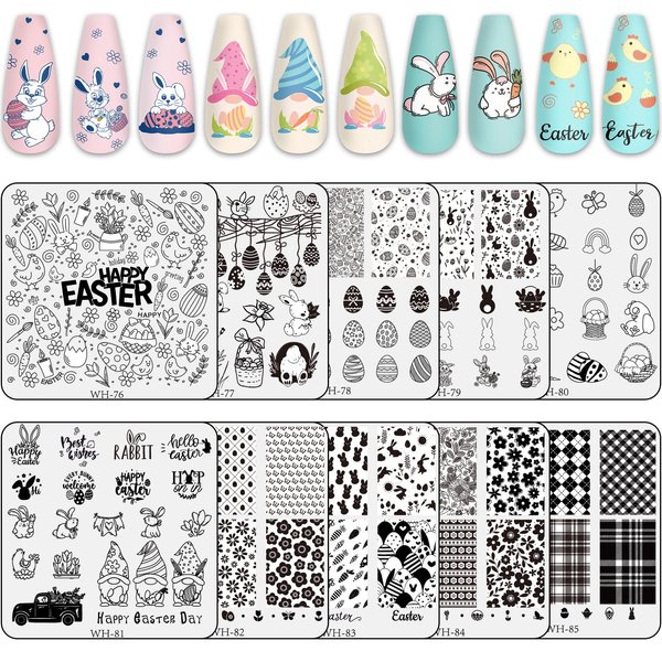 Whaline 10Pcs Easter Nail Art Stamping Plates Kit Bunny Egg Rabbit Flower Butterfly Image Stamp Templates Holiday Nail Art Plates for Spring DIY Print Manicure Salon Design Gift