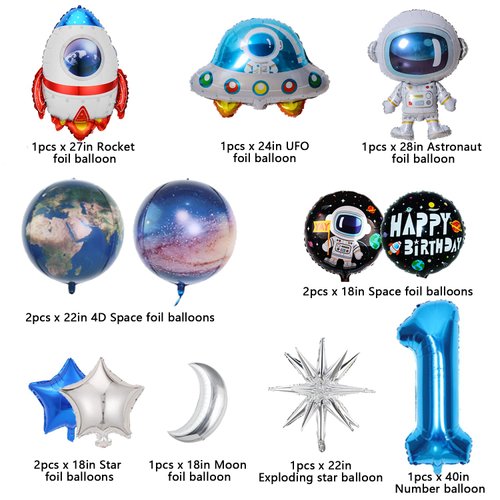 Finypa 12Pcs Space Theme Birthday Party Decoration Astronaut Spaceman Foil Balloons,1st Outer Space Birthday Party Supplies,Galaxy Balloons for Boy 1 Year Old Birthday Decor