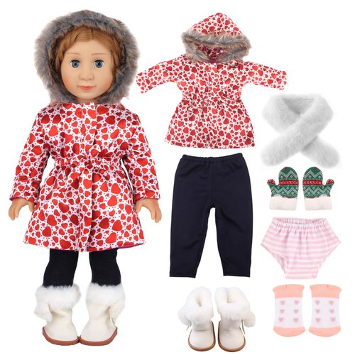 MSYO 18-inch Doll Down Jacket,Doll Winter Clothing Set,5 Different Colors and Patterns Available,(White-Red Heart Print) 18 inch Baby Doll Clothes Set,Doll Accessories Set for Baby Doll