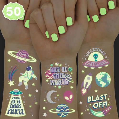 xo, Fetti Space + Planets Glow in Dark Temporary Tattoos for Kids - 46 pcs | Alien Birthday Party Supplies, Astronaut Favors + Rocket ship Decorations