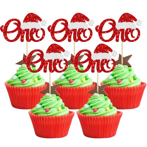 24Pcs Christmas One Cupcake Toppers Glitter Xmas Santa Hat First Birthday Cake Topper Decorations for Christmas Theme Baby Shower Kids 1st Birthday Party Supplies Red