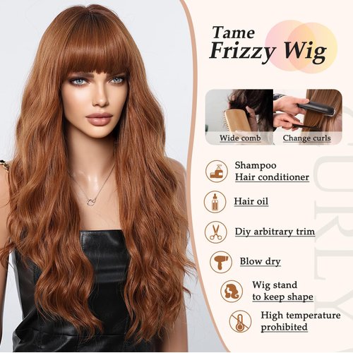testar Auburn Wigs With Bangs Long Wavy Orange Brown Wigs For Women Auburn Red Wigs Copper Hair Wigs Heat Resistant Synthetic Wigs For Daily Use 26 IN