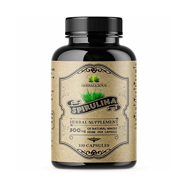 Spirulina Capsules-Natural Daily Superfood Supplement-Blue Green Algae Extract with B Vitamins, Iron, Amino Acid&Antioxidants to Support Immune System Function, Total Body Cleanse 100pcs
