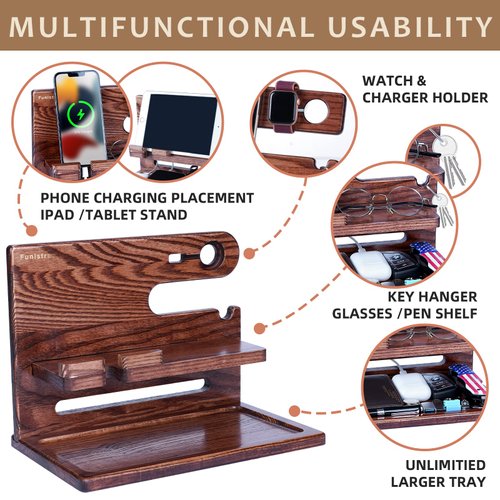 Funistree Gifts for Men Dad Christmas from Daughter Son, Ash Wood Phone Docking Station, Anniversary Xmas Birthday Gifts for Him Husband Boyfriend from Wife, Nightstand Organizer Presents Ideas