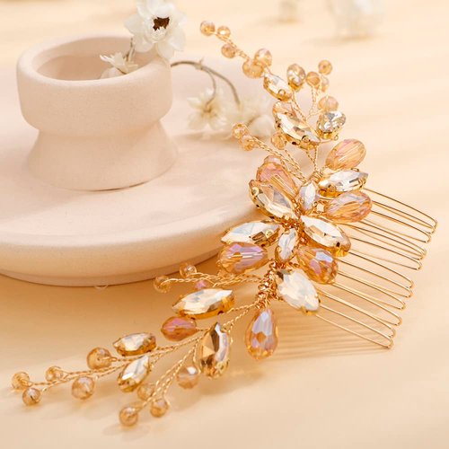 Teyglen Bridal Champagne Rhinestone Crystal Hair Comb Headband Handmade Wedding Hair Pieces for Bride Floral Headpieces Hair Accessories for Women Girls (Champagne)