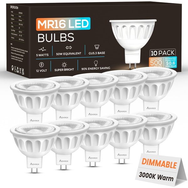 Aovpex 10 Pack Dimmable MR16 LED Bulbs, 12V 5W(50-Watt Equivalent), 3000K Warm White, GU5.3 Bi-Pin Base, 40-Degree, Indoor/Outdoor Landscape Spotlight Track Recessed Lighting