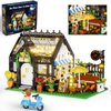 Muiurple Flower House with Coffee Shop Building Set, Outdoor Parasol & Piano Building Kits with Lights, Greenhouse Model Gifts for Her, Home Decoration Office Coffee Bar Display(485 Pieces)