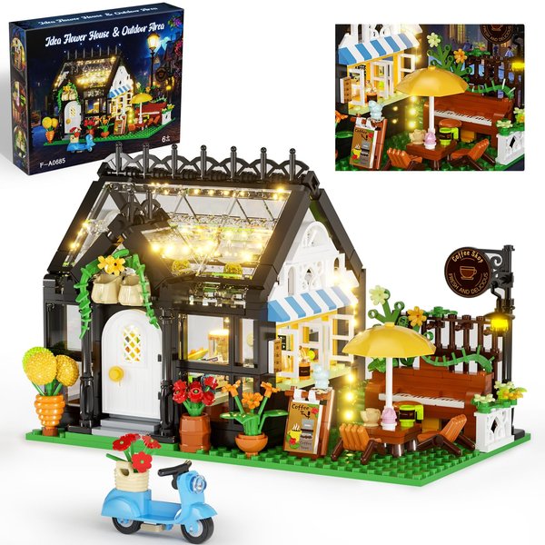 Muiurple Flower House with Coffee Shop Building Set, Outdoor Parasol & Piano Building Kits with Lights, Greenhouse Model Gifts for Her, Home Decoration Office Coffee Bar Display(485 Pieces)