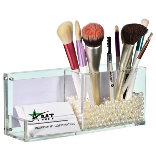 AMT CLEAR Acrylic Make Up Organizer, Business License Frame for Cosmetology or Other Businesses, Makeup Brush Holder, Pen Holder,Business Card Display (Cream)