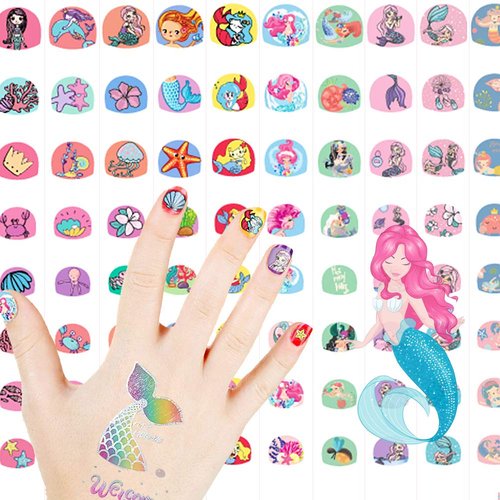 Mermaid Kids Nail Art Stickers Decals for Little Girls, 200+ Children Mermaid Princess Nail Wraps Tips for Fingernail Toenail Acrylic Nail Decoration Easter Birthday Party Favors