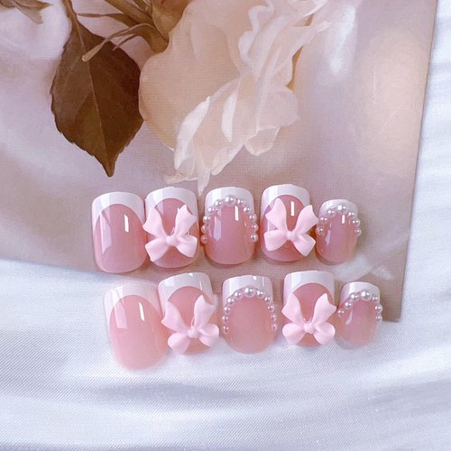 White French Tip Press on Nails Short Square Pink Gradient with 3D Butterfly Pearl Decoration False Nails Cute Fake Nails Glue on Nails Full Cover French Manicure Stick on Nails for Women Girl 24Pcs