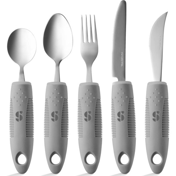 Special Supplies Adaptive Utensils (5-Piece Kitchen Set) Wide, Non-Weighted, Non-Slip Handles for Hand Tremors, Arthritis, Parkinson’s or Elderly Use (Grey)