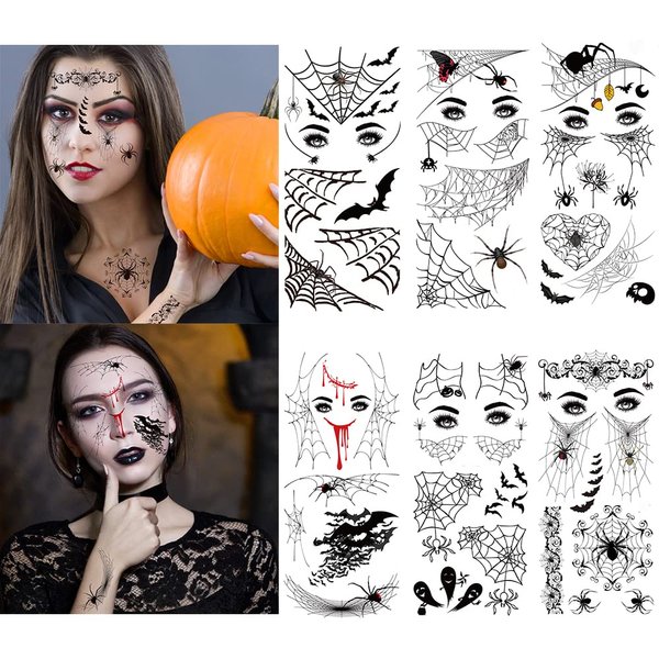 6 Sheet Halloween Spider Bat Temporary Tattoo Stickers Design Face eye Makeup Stickers Decals for Women Man Masquerade Cosplay Party Decorations