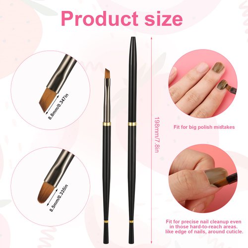 2pcs Nail Clean Up Brushes, Round&Angled Nail Brushes for Cleaning Polish Metal Nail Brushes Set for Nail Art Acrylic Gel Polish (Black)