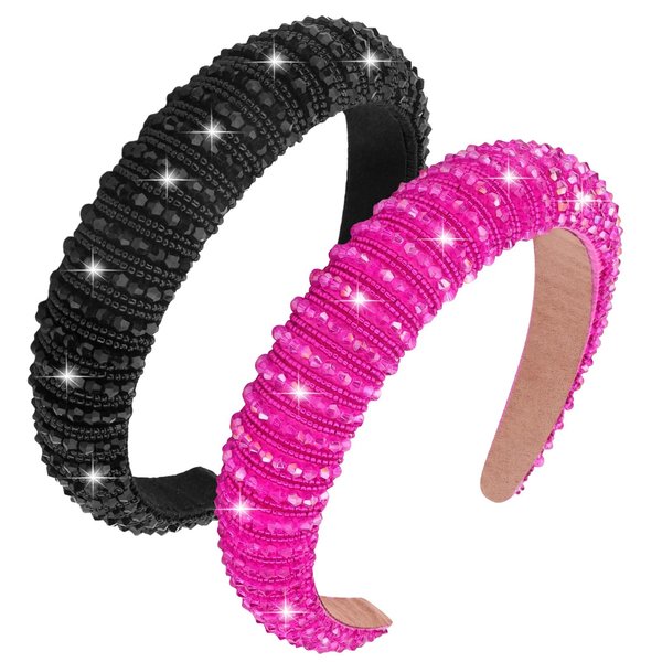 Wecoe 2pcs Rose Red Black Rhinestone Headbands Women Girls Crystal Beaded Headband Fashion Cute Bling Sparkly Diamond Padded Thick Puffy Headbands Holiday Hair Accessories For Women Girls Gifts