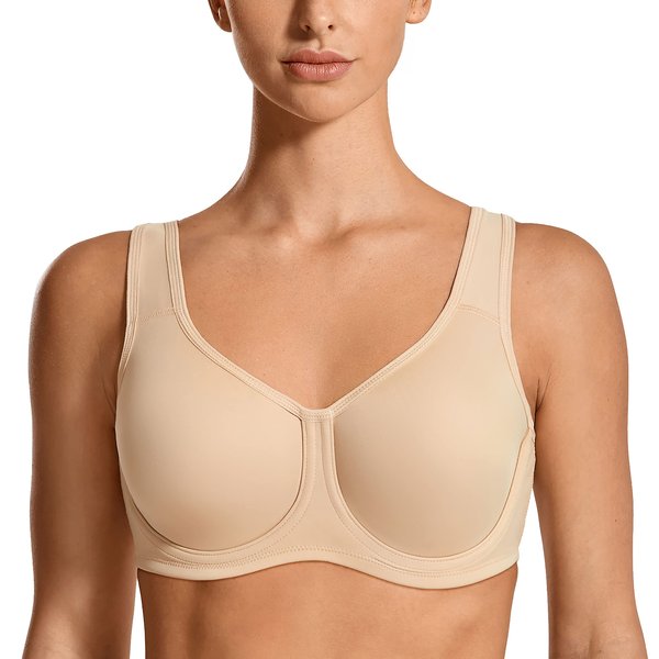 SYROKAN Women's Max Control Underwire Sports Bra High Impact Plus Size with Adjustable Straps Beige 48C