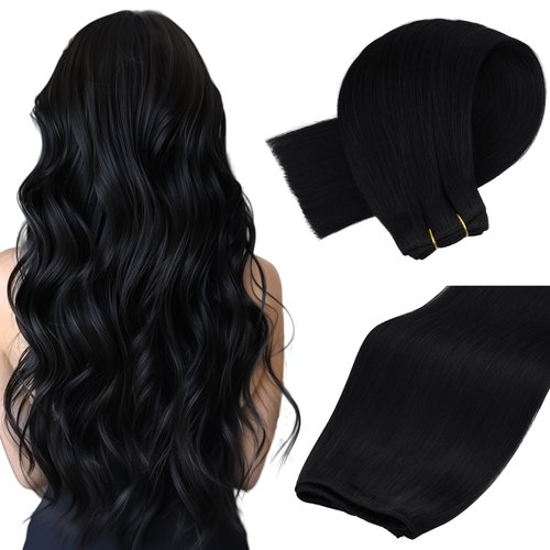 MAXITA Sew in Human Hair Extensions Jet Black Weft Hair Extensions Real Human Hair 100g 18 Inch Silky Stright Double Weft Black Hair Weft Extensions Sew in Real Hair Extensions