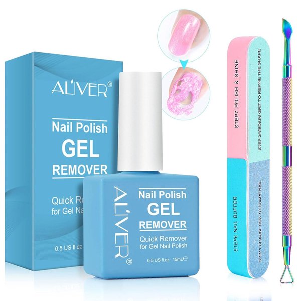 Gel Nail Polish Remover 15ML, Gel Remover for Nails, Nail Polish Remover Kit with Nail File and Nail Polish Scraper, Quickly Remove Nail Polish in 3-5 Minutes, Gel Polish Remover in a Bottle