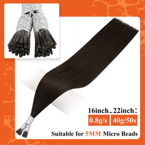 Full Shine I Tip Real Human Hair Extensions 22 Inch Darkest Brown Pre Bonded Hair Extensions I Tip Straight Hair Cold Fusion Hair Extensions 50 Strands 40g