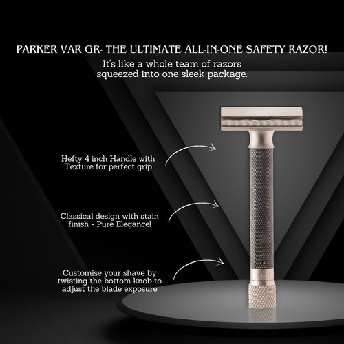 The Parker Variant Adjustable Double Edge Safety Razor, Customize your Shave with a Turn of the Dial from Mild to Aggressive - 5 Blades Included (GRAPHITE GRAY)