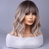 WTHCOS Ash Blonde Ombre Wig Short Bob Wig Short Curly Wavy Wig With Bangs for Women Blonde Ombre Wig Heat Resistant Synthetic Hair Wigs for Daily Use Cosplay Wig With Wig Cap