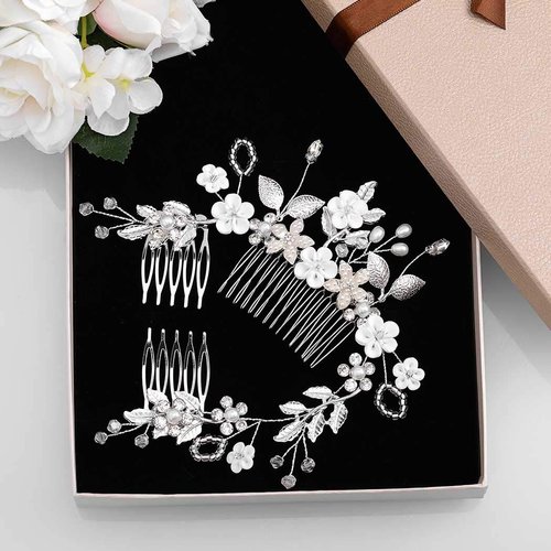 Yokawe Bridal Wedding Hair Comb Silver Crystal Bride Side Combs Flower and Leaf Hair Accessories for Women and Girls